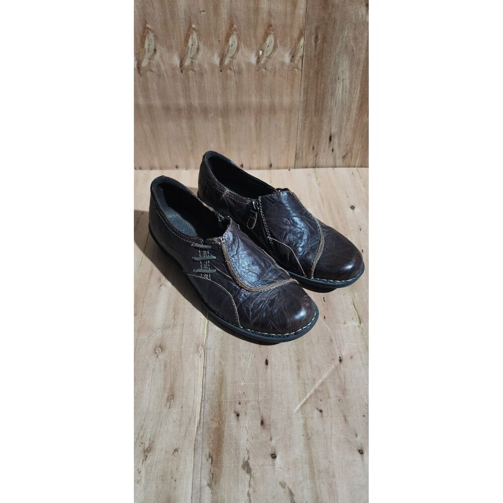 Clarks Leather Upper Brown Casual Side Zip Wedge Loafer Shoe Woman SZ 8.5M